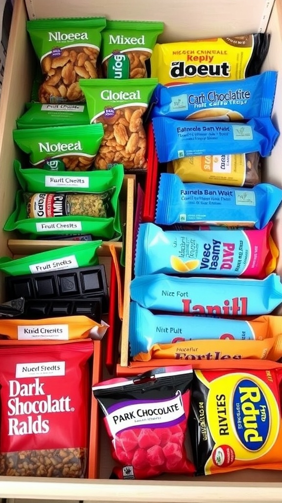 An organized snack drawer with granola bars, nuts, chocolate, and dried fruits.